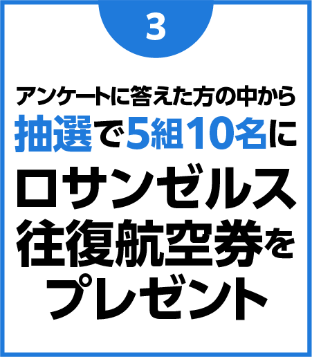 (3)アンケートに答えた方の中から抽選で5組10名にロサンゼルス往復航空券をプレゼント
