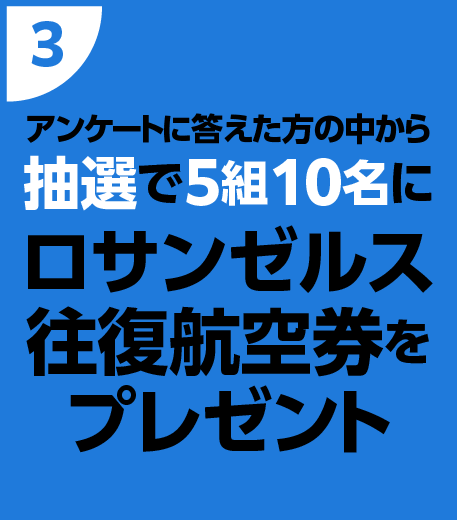 (3)アンケートに答えた方の中から抽選で5組10名にロサンゼルス往復航空券をプレゼント