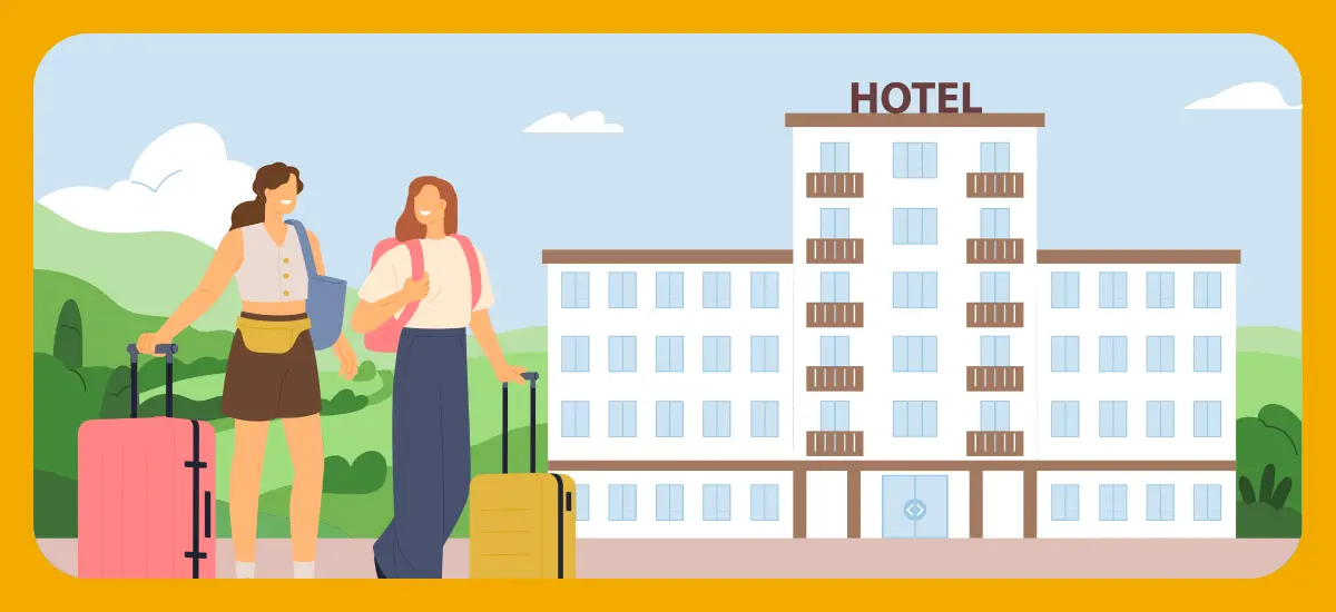 スーツケースを持った旅行者とホテルのイラスト。仙台でおすすめのホテル・宿を紹介